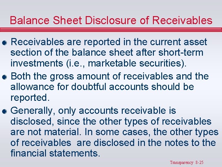 Balance Sheet Disclosure of Receivables & Receivables are reported in the current asset section