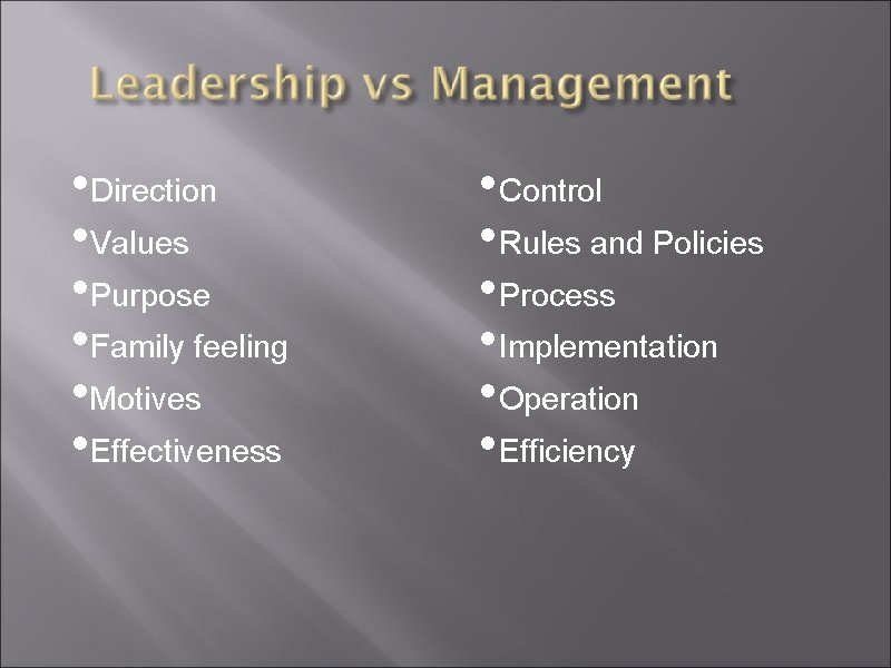  • Direction • Values • Purpose • Family feeling • Motives • Effectiveness