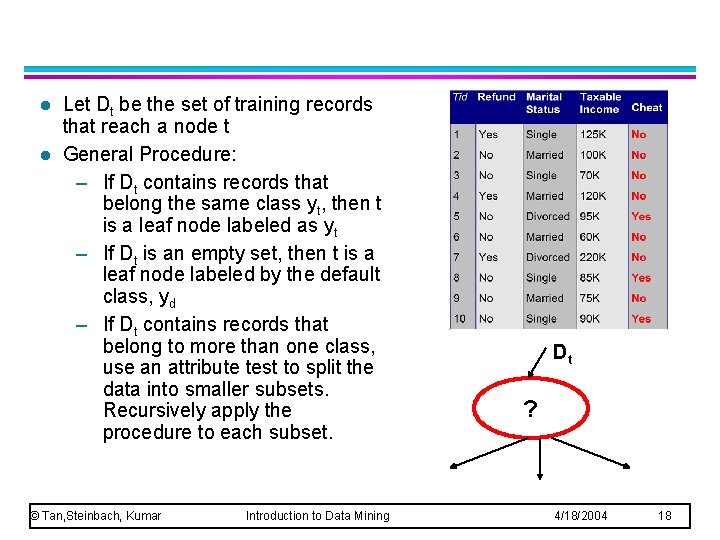 l l Let Dt be the set of training records that reach a node