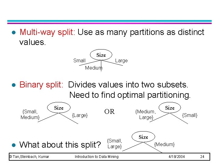 l Multi-way split: Use as many partitions as distinct values. Size Small Medium l l Multi-way split: Use as many partitions as distinct values. Size Small Medium l