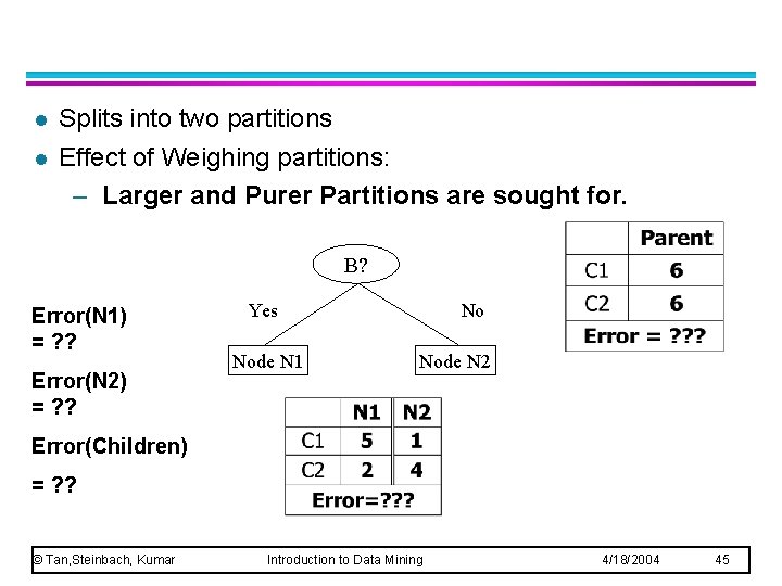l l Splits into two partitions Effect of Weighing partitions: – Larger and Purer