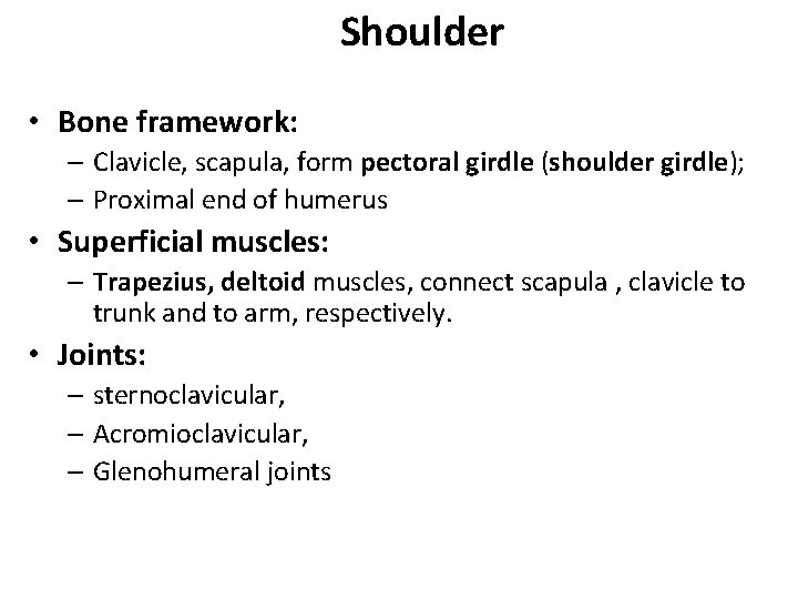 Shoulder • Bone framework: – Clavicle, scapula, form pectoral girdle (shoulder girdle); – Proximal
