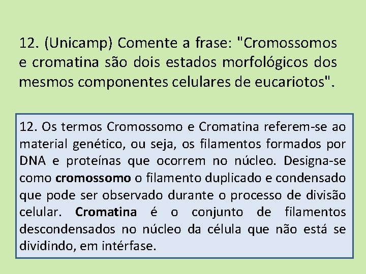 12. (Unicamp) Comente a frase: "Cromossomos e cromatina são dois estados morfológicos dos mesmos
