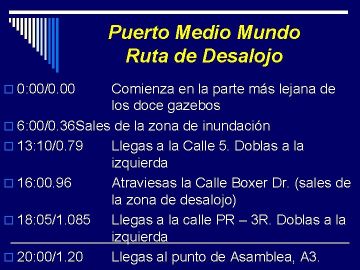 Puerto Medio Mundo Ruta de Desalojo o 0: 00/0. 00 Comienza en la parte