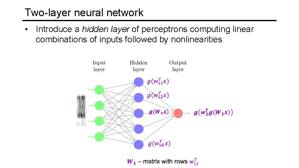 Two-layer neural network • Introduce a hidden layer of perceptrons computing linear combinations of