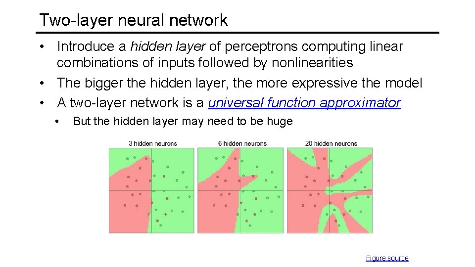 Two-layer neural network • Introduce a hidden layer of perceptrons computing linear combinations of