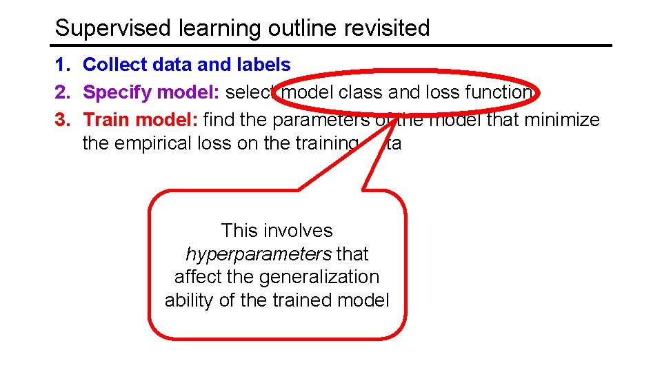 Supervised learning outline revisited 1. Collect data and labels 2. Specify model: select model