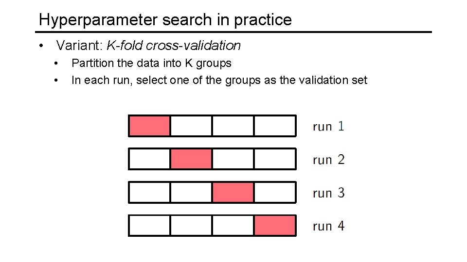 Hyperparameter search in practice • Variant: K-fold cross-validation • • Partition the data into