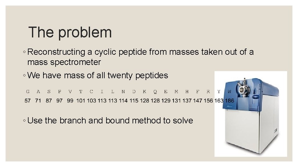 The problem ◦ Reconstructing a cyclic peptide from masses taken out of a mass