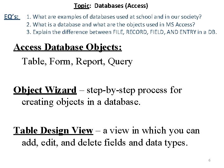 Database Notes New Unit Plan Microsoft Access known