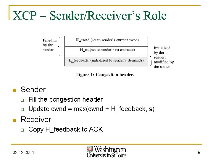 XCP – Sender/Receiver’s Role n Sender q q n Fill the congestion header Update