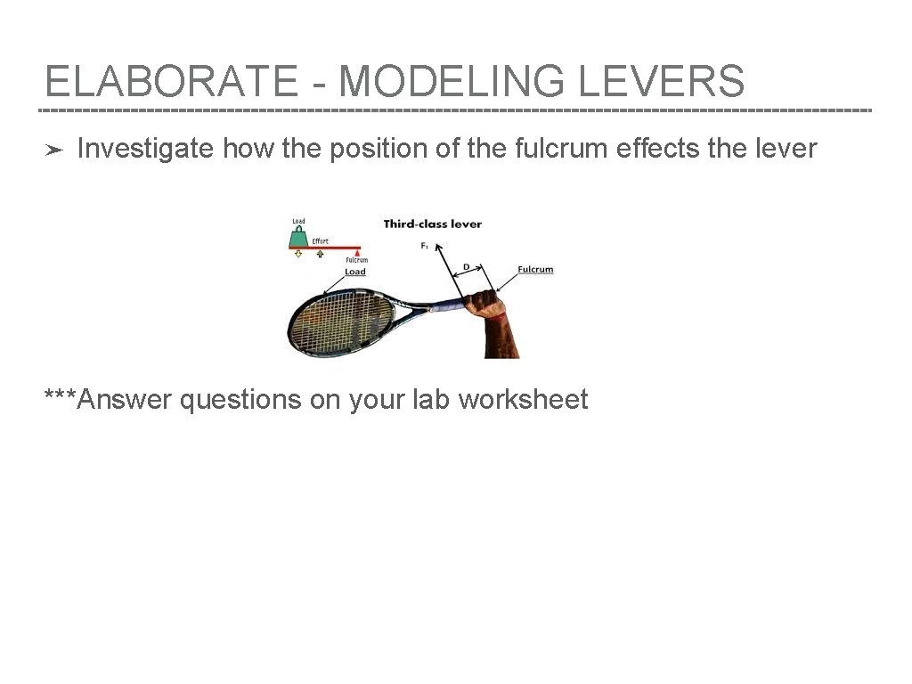 ELABORATE - MODELING LEVERS ➤ Investigate how the position of the fulcrum effects the