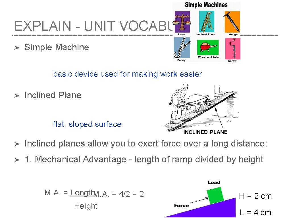 EXPLAIN - UNIT VOCABULARY ➤ Simple Machine basic device used for making work easier