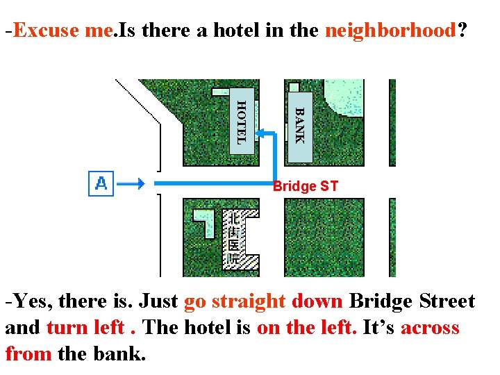 -Excuse me. Is there a hotel in the neighborhood? BANK HOTEL Bridge ST -Yes,