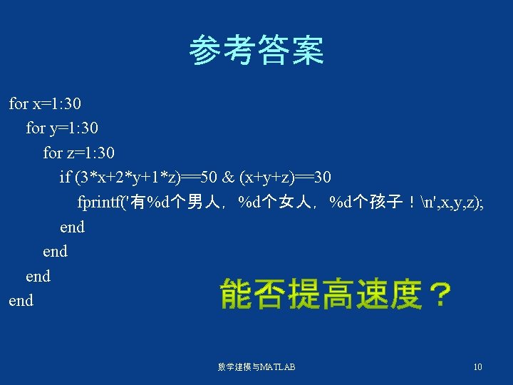 参考答案 for x=1: 30 for y=1: 30 for z=1: 30 if (3*x+2*y+1*z)==50 & (x+y+z)==30