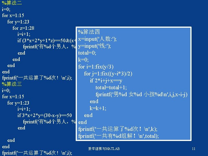 %算法二 i=0; for x=1: 15 for y=1: 23 for z=1: 28 %算法四 i=i+1; x=input('人数: