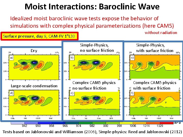 Moist Interactions: Baroclinic Wave Idealized moist baroclinic wave tests expose the behavior of simulations