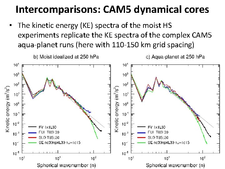 Intercomparisons: CAM 5 dynamical cores • The kinetic energy (KE) spectra of the moist