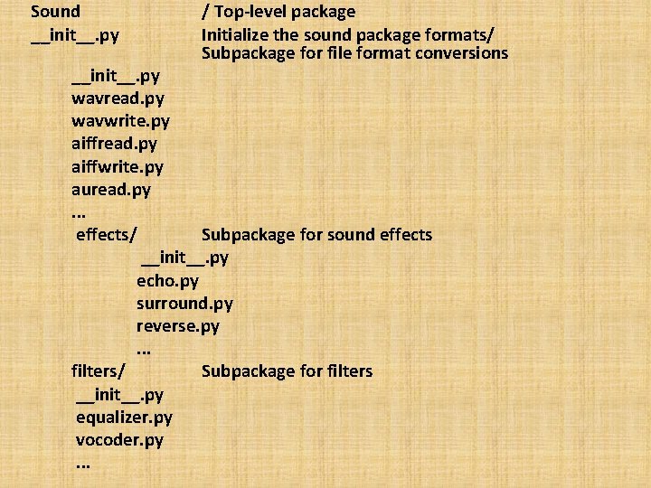 Sound __init__. py / Top-level package Initialize the sound package formats/ Subpackage for file