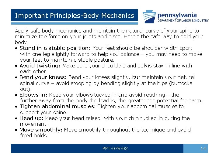 Important Principles-Body Mechanics Apply safe body mechanics and maintain the natural curve of your