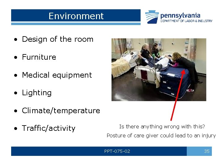 Environment • Design of the room • Furniture • Medical equipment • Lighting •