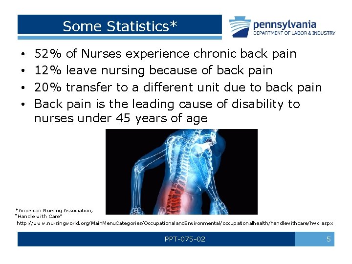 Some Statistics* • • 52% of Nurses experience chronic back pain 12% leave nursing