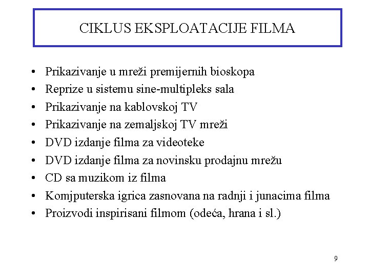 CIKLUS EKSPLOATACIJE FILMA • • • Prikazivanje u mreži premijernih bioskopa Reprize u sistemu