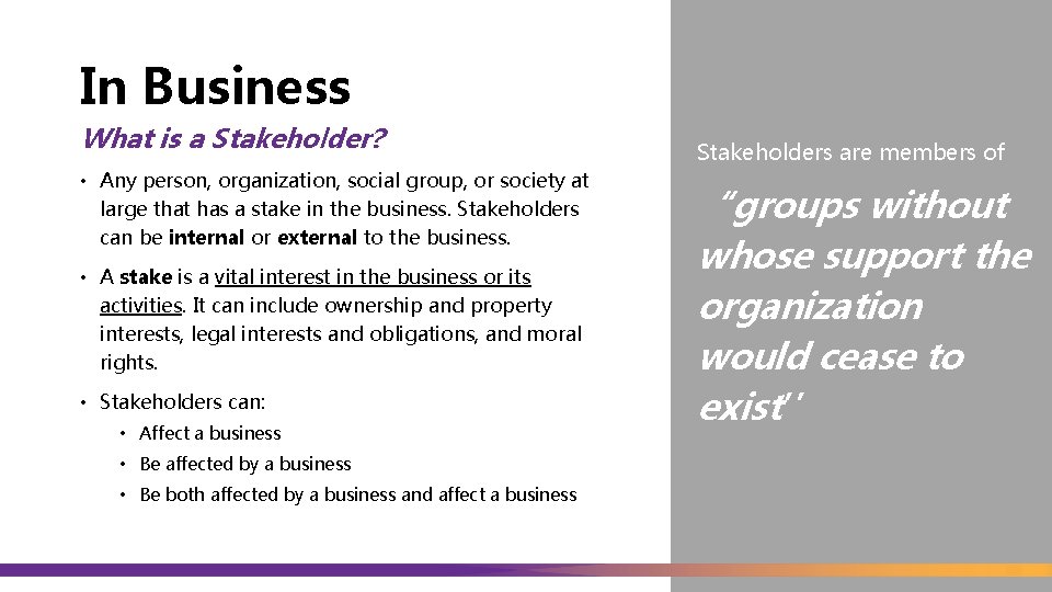 In Business What is a Stakeholder? • Any person, organization, social group, or society
