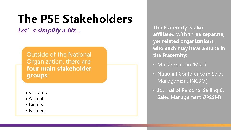 The PSE Stakeholders Let’s simplify a bit… Outside of the National Organization, there are