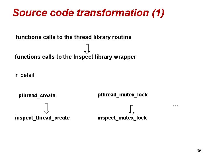 Source code transformation (1) functions calls to the thread library routine functions calls to