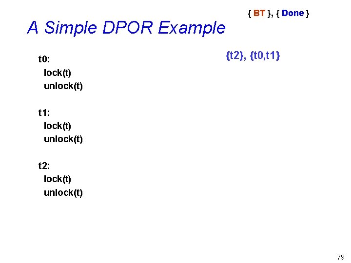 A Simple DPOR Example t 0: lock(t) unlock(t) { BT }, { Done }