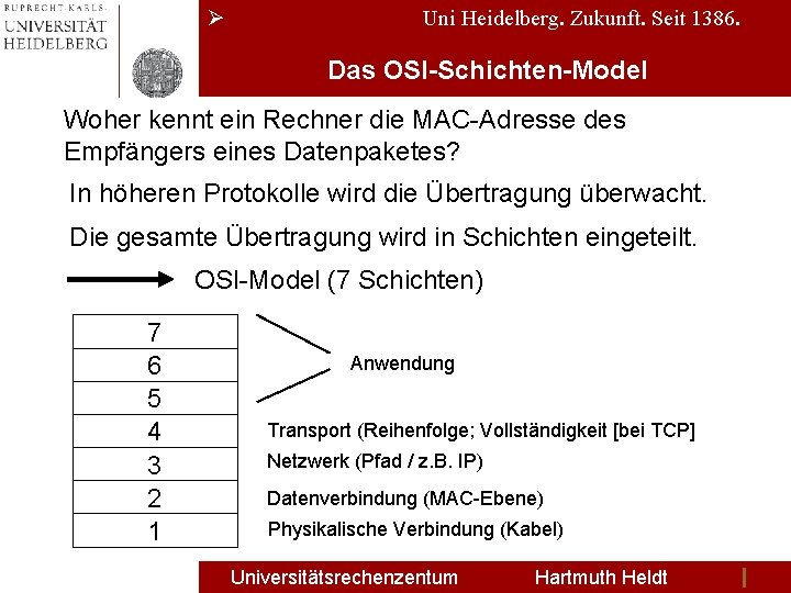 Ø Uni Heidelberg. Zukunft. Seit 1386. Das OSI-Schichten-Model Woher kennt ein Rechner die MAC-Adresse