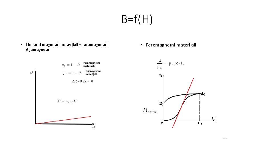 B=f(H) • Linearni magnetni materijali –paramagnetni I dijamagnetni • Feromagnetni materijali 