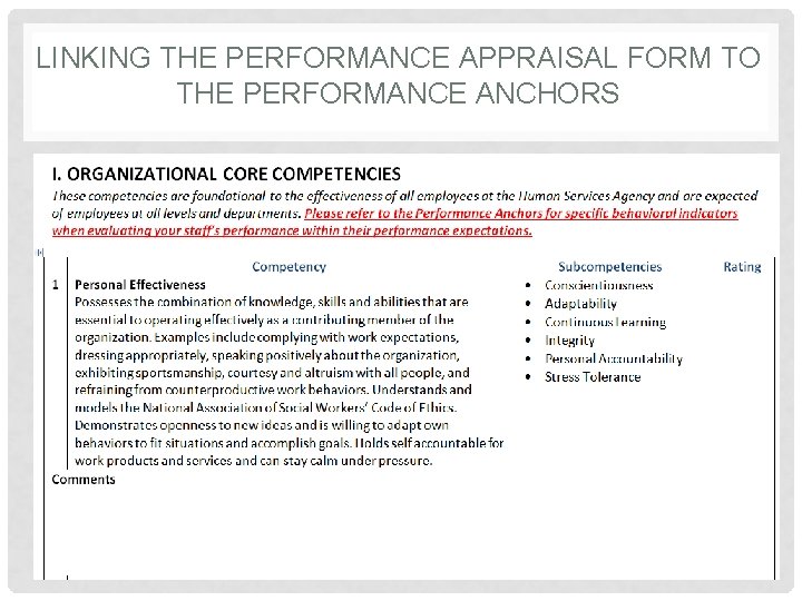 LINKING THE PERFORMANCE APPRAISAL FORM TO THE PERFORMANCE ANCHORS LINKING THE PERFORMANCE APPRAISAL FORM TO THE PERFORMANCE ANCHORS