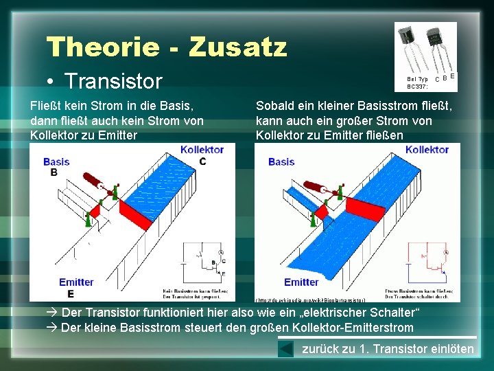 Theorie - Zusatz • Transistor Fließt kein Strom in die Basis, dann fließt auch