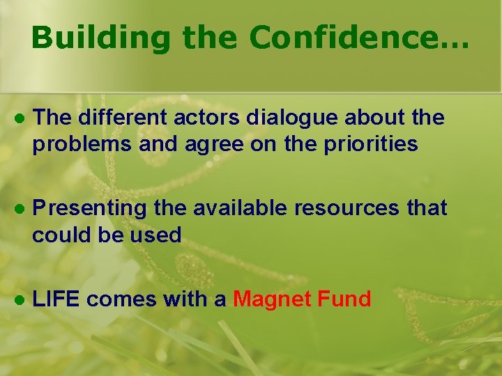 Building the Confidence… l The different actors dialogue about the problems and agree on