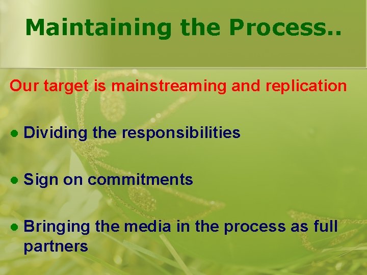 Maintaining the Process. . Our target is mainstreaming and replication l Dividing the responsibilities