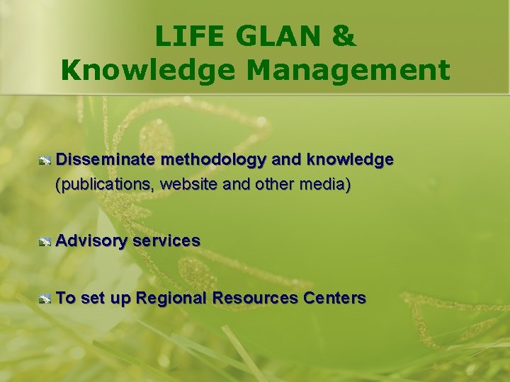 LIFE GLAN & Knowledge Management Disseminate methodology and knowledge (publications, website and other media)