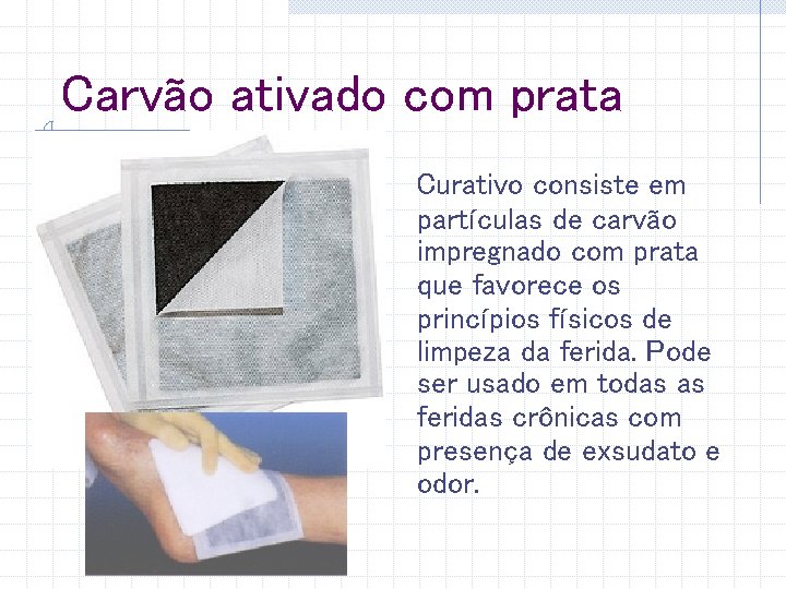 Carvão ativado com prata Curativo consiste em partículas de carvão impregnado com prata que