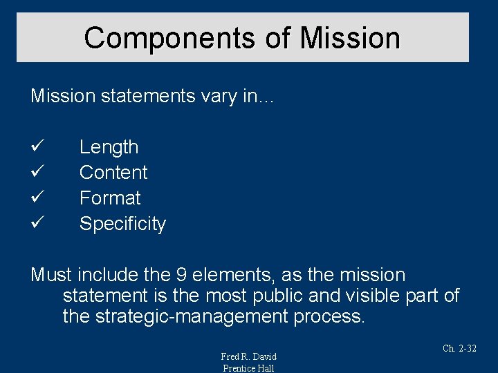 Components of Mission statements vary in… ü ü Length Content Format Specificity Must include
