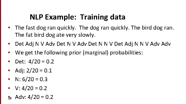 NLP Example: Training data • The fast dog ran quickly. The bird dog ran.