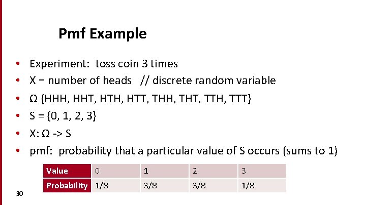 Pmf Example • • • Experiment: toss coin 3 times X – number of