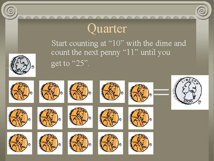 Quarter Start counting at “ 10” with the dime and count the next penny