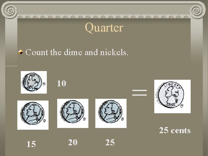 Quarter Count the dime and nickels. = 10 25 cents 15 20 25 