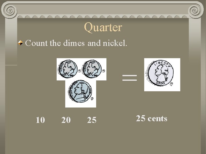 Quarter Count the dimes and nickel. = 10 20 25 25 cents 