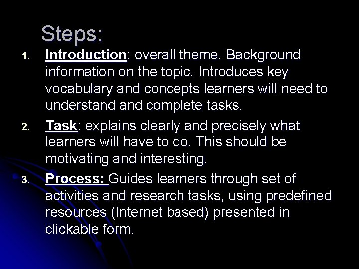 Steps: 1. 2. 3. Introduction: overall theme. Background information on the topic. Introduces key