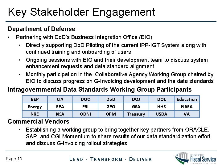 Key Stakeholder Engagement Department of Defense • Partnering with Do. D’s Business Integration Office