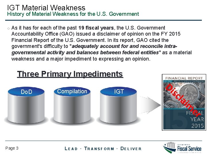 IGT Material Weakness History of Material Weakness for the U. S. Government o As