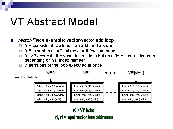 VT Abstract Model n Vector-Fetch example: vector-vector add loop AIB consists of two loads,