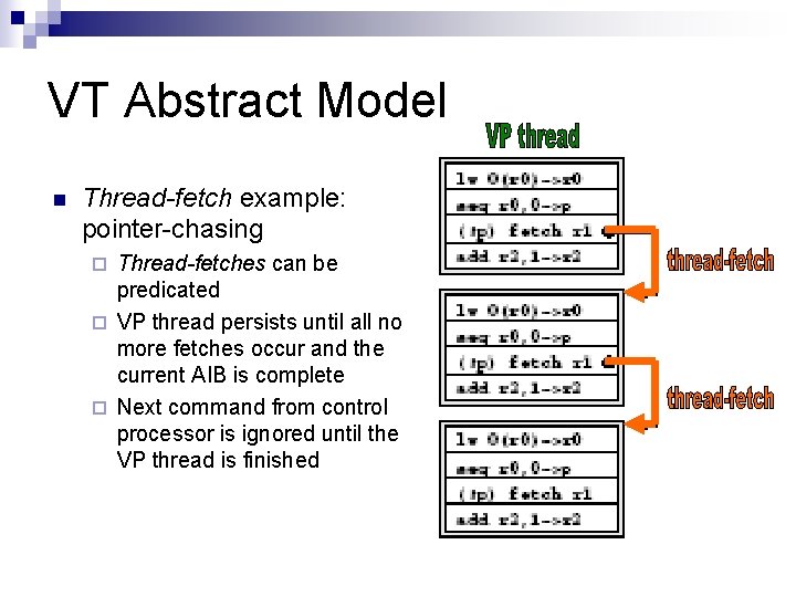 VT Abstract Model n Thread-fetch example: pointer-chasing Thread-fetches can be predicated ¨ VP thread